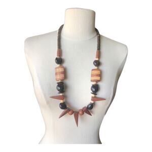 Vintage 1980’s Tribal Inspired Chunky Variety Style Shapes Wooden Brown Necklace